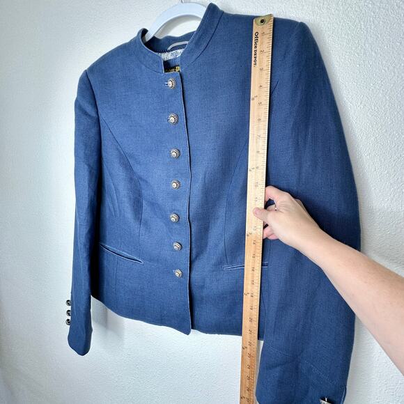 Loden Plankl Denim Blue Linen Band Neck Silver Decorative Buttons Blazer Jacket - Picture 12 of 12
